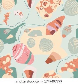 Hand drawn vector ocean set trendy seamless pattern with corals and different seashells in minimalistic pastel colors. Hidrobia, cerastoderma lamarcki, rapana venosa, tellina and abstract background