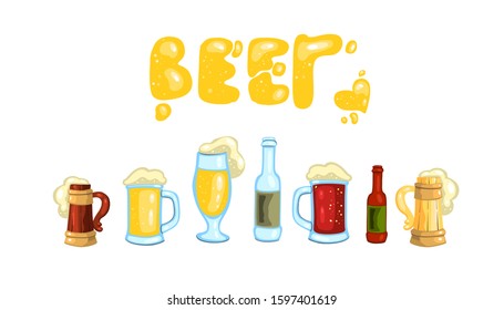 Hand drawn vector Octoberfest set with beer mugs, glasses, bottles and lettering. Icons in cartoon style isolated on white. Design elements for logos, labels, menus, prints.  