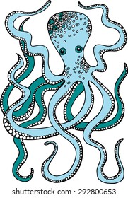 Hand drawn vector octopus illustration. Decorative blue octopus doodle drawing