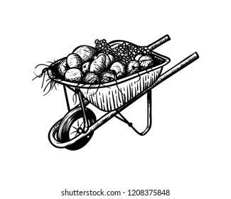 Hand Drawn Vector the Old Cart with Fruits and Vegetables Sign Symbol Logo Template Design Inspiration