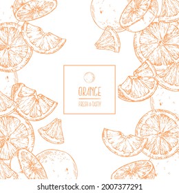 Hand drawn vector orange image. Summer fruit engraved style illustration. Vegetarian dessert fresh food, lemonade. Citrus design for label, print