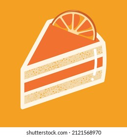 Hand drawn vector of Orange layers cake topping piece of orange with white shinny isolated on light orange background