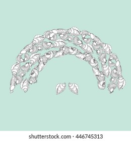 Hand drawn vector ornament  with  shells  and waves on blue background. Template for invitation or greeting card. 