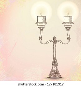 hand drawn vector of ornamental candle holder with two stems on artistic watercolor background. Concept image for holiday invitation card, wedding, Easter greetings, "thank you" note, stationary blank