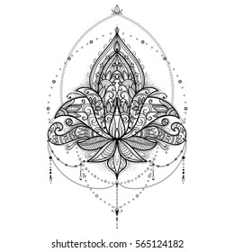 Hand drawn vector ornamental lotus flower for adult coloring, tattoo, t shirt, design, invitation element.