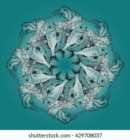 Hand drawn  vector ornamental mandala with fishes and alga on blue background. Marine circle ornament.
