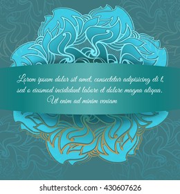 Hand drawn vector ornamental mandala with place for your text. Template for invitation or greeting card. Grey and blue oriental ornament. Circle background.