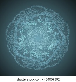 Hand drawn  vector ornamental mandala  with crabs, shrimps, shells, starfishes, alga and floral design elements on blue background. Marine doodle circle ornament.