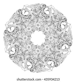 Hand drawn vector ornamental mandala for coloring with crabs, starfishes, shells, squid and waves. Template for invitation or greeting card. Circle pattern on white background. 