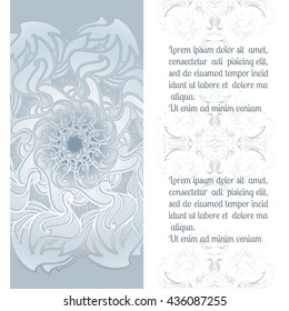 Hand drawn vector ornamental mandala with place for your text. Template for invitation or greeting card. White and grey oriental ornament. Circle background.