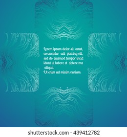 Hand drawn vector ornamental mandala with place for your text. Template for invitation or greeting card. Aquamarine and blue floral line modern ornament. 