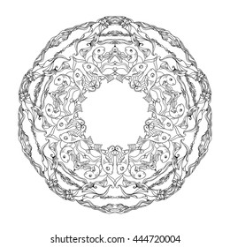 Hand drawn  vector ornamental mandala for coloring with fishes and alga on white background. Marine circle ornament.
