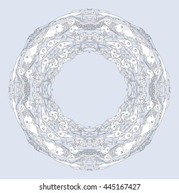 Hand drawn vector ornamental mandala with fishes, shells, alga and waves. Template for invitation or greeting card. Circle vintage ornate pattern on light blue background.