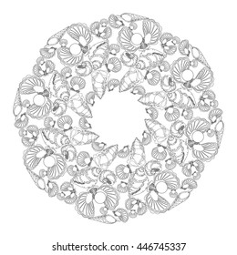 Hand drawn vector ornamental mandala for coloring with shells  and waves. Template for invitation or greeting card. Circle pattern on white background.