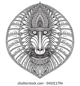 Hand drawn vector ornate baboon face illustration. The head of the animal with ethnic motifs. Sketch for tattoo, T- shirts, bags, or greeting card. Monkey symbol of the New Year 2016