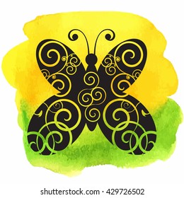 Hand drawn vector ornate butterfly illustration. Doodle butterfly drawing on the watercolor background