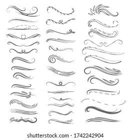 Hand drawn vector ornate swirl doodle vintage calligraphic design elements. Borders, frames, dividers set for wedding greeting and invitation card.