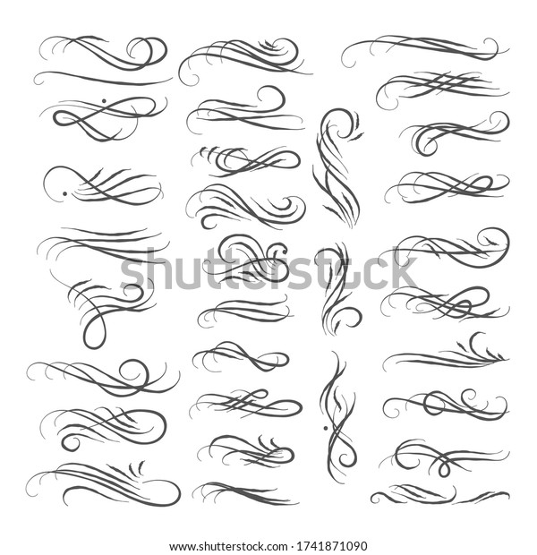 Hand drawn vector ornate swirl doodle\
vintage calligraphic design elements. Borders, frames, dividers set\
for wedding greeting and invitation\
card.
