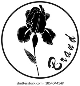 Hand drawn vector outline black and white illustration. Stylized drawing of flower of a garden iris plant. Logo, brand of flower shop. Handwritten graphic technique