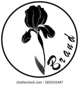 Hand drawn vector outline black and white illustration. Stylized drawing of flower of a garden iris plant. Logo, brand of flower shop. Handwritten graphic technique