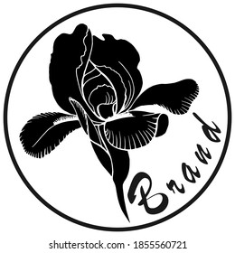 Hand drawn vector outline black and white illustration. Stylized drawing of flower of a garden iris plant. Logo, brand of flower shop. Handwritten graphic technique