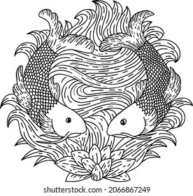 Hand drawn vector outline chinese drawing with fishes. Traditional symbol buddhism