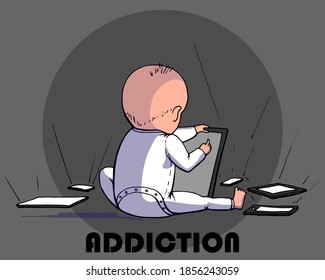 Ilustración de color de contorno de vector dibujado a mano. Gadget es un chico adicto. Influencia de los aparatos en los niños. Flujo de información. Dependencia de pantalla. Problema de dependencia de gadget. Técnica gráfica manuscrita.