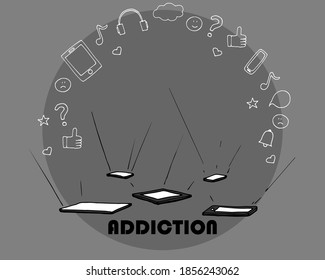 Hand drawn vector outline color illustration. Gadget addicted. Influence of gadgets. Information flow. Screen dependency. Gadget Dependency Issue. Handwritten graphic technique.