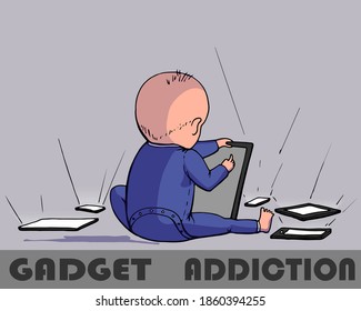 Hand drawn vector outline color illustration. Gadget addicted boy. Influence of gadgets on children. Information flow. Screen dependency. Gadget Dependency Issue. Handwritten graphic technique.