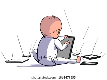 Ilustración de color de contorno de vector dibujado a mano. Gadget es un chico adicto. Influencia de los aparatos en los niños. Flujo de información. Dependencia de pantalla. Problema de dependencia de gadget. Técnica gráfica manuscrita.