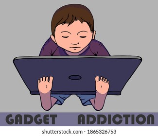 Ilustración de color de contorno de vector dibujado a mano. Gadget es un chico adicto. Influencia de los aparatos en los niños. Flujo de información. Dependencia de pantalla. Problema de dependencia de gadget. Técnica gráfica manuscrita.
