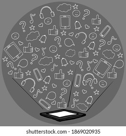 Hand drawn vector outline color illustration. Gadget addicted. Influence of gadgets. Information flow. Screen dependency. Gadget Dependency Issue. Handwritten graphic technique.