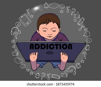 Hand drawn vector outline color illustration. Gadget addicted boy. Influence of gadgets on children. Information flow. Screen dependency. Gadget Dependency Issue. Handwritten graphic technique.