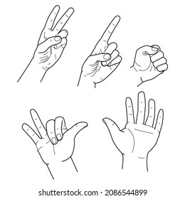 hand drawn vector outline and contour illustration of hands with fingers in different gestures with open palms