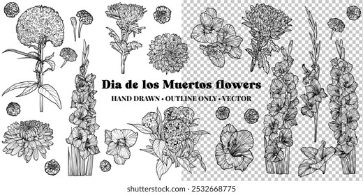 Hand drawn vector outline Dia de los Muertos flowers. Banner with flowers in line art outline. Autumn flowers such as chrysanthemum, cockscomb, marigold, gladiolus. For print and online projects.