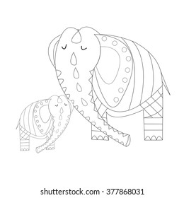 Hand drawn vector outline elephant. Can be used for illustrations children books, printing on T-shirts, children furniture, wallpaper, postcards, kindergartens