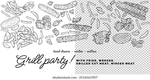 Hand drawn vector outline grilled meat and fries. Food background, outline easy to adapt and use in print and online designs. 