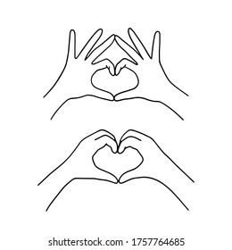 Hand drawn vector outline hands making heart sigh. Heart from hands isolated on white background. Valentine’s day, romantic holiday, wedding, support, hope and love vector illustration