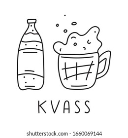 Iconos dibujados a mano de contorno vectorial del frasco con la abrazadera sobre fondo blanco. Inscripción - Kvass.