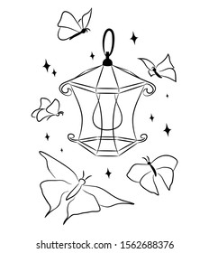 Hand drawn vector outline illustration of a retro styled lantern with electric bulb and five butterflies enchanted by its glittering light. Metaphorical meaning. For prints, decor. Isolated on white.