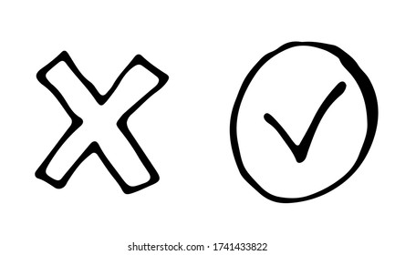 Hand drawn vector outline illustration of cross and tick icons. Website and social network design element. Internet button template