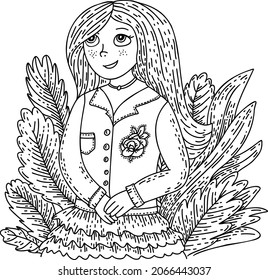 Hand drawn vector outline illustration. Coloring page with young long haired lady, girl drawing.