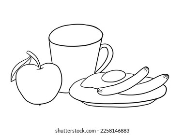 Hand drawn vector outline illustration with breakfast. linear contor art