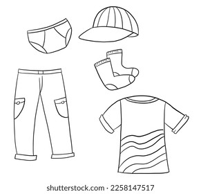 Hand drawn vector outline illustration with boys clothing. linear contor art