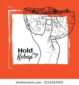 Hand drawn vector outline kepab in hand. Yummy food with healthy ingredients such as tomato, cucumber, meat, bread. Outline easy to adapt and use in print and online designs. 