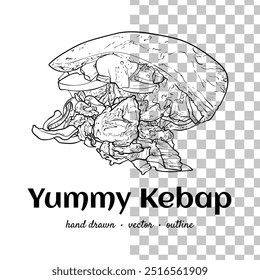 Hand drawn vector outline kepab. Yummy food with healthy ingredients such as tomato, cucumber, meat, bread. Outline easy to adapt and use in print and online designs. 