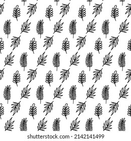 Hand drawn vector outline leaves seamless pattern. Doodle print with floral leaves isolated on white. Ink beautiful nature ornament for fabric, wrapping and textile. Adult and kids coloring page