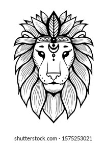 Hand drawn vector outline Lion head in ethnic style. Modern print and tattoo design