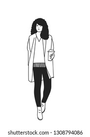 hand drawn vector outline of Long hair woman standing, holding coffee cup, life style of the new generation.