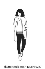 hand drawn vector outline of Long hair woman standing, holding coffee cup, life style of the new generation.